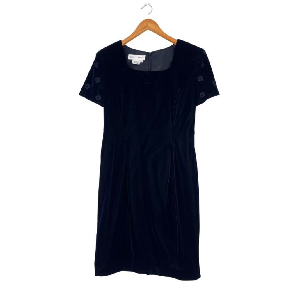 Maggy London‎ Navy Velvet Floral Embroidered Short Sleeve Dress Size 8 Classic